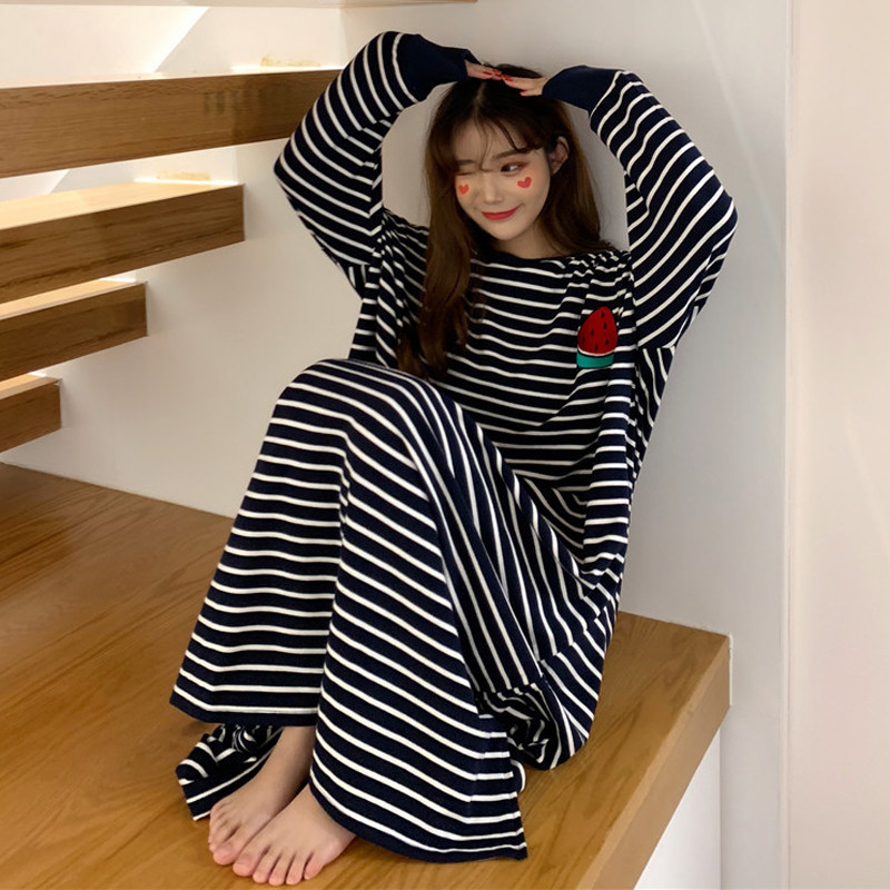 胖妹妹加长款可爱风水果条纹睡裙