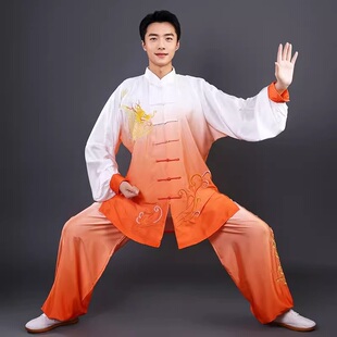 新款刺绣渐变色缎面太极服女八段锦演出服嘉嘉棉太极拳练功服男白