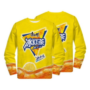 秋冬款时尚潮流冰红茶系列3D印花加绒长袖搞怪趣味炸街男女款搞笑