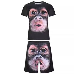 2025夏季时尚猿猴大猩猩星空龙图 3D印花短袖套装圆领T恤男士趣味