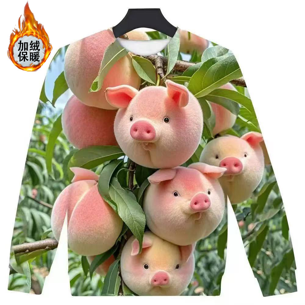 2025新款长袖卫衣加绒男士水果桃子猪创意搞怪圆领衣服3D印花卫衣