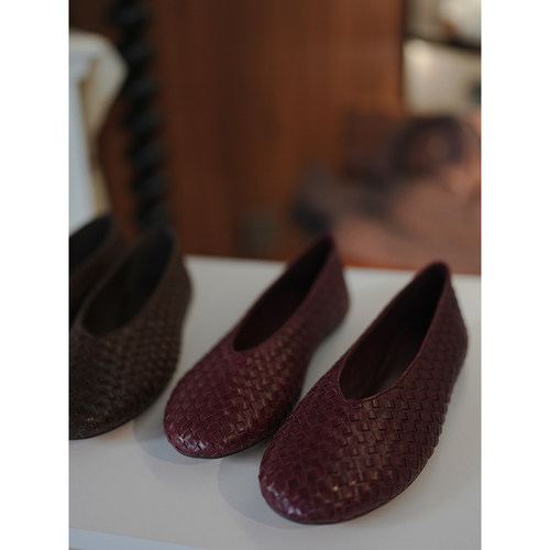 羊皮编织浅口平底休闲鞋奶奶鞋