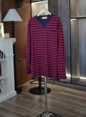 6号衣橱 l 复古慵懒减龄 色织条纹红蓝相间宽松圆领长袖打底T恤OK