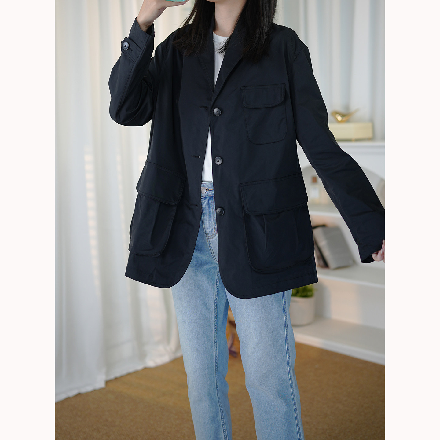 6号衣橱 l 率性简约 防风防泼水聚纤立体贴袋宽松工装黑色外套OK