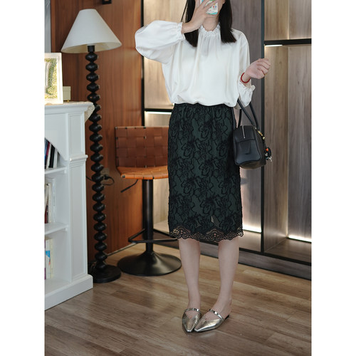 复古天丝棉蕾丝松紧腰A字半裙