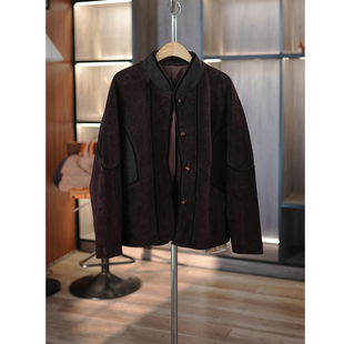 6号衣橱 l 复古老钱风 牛反绒皮拼接亚麻立领宽松百搭皮衣外套