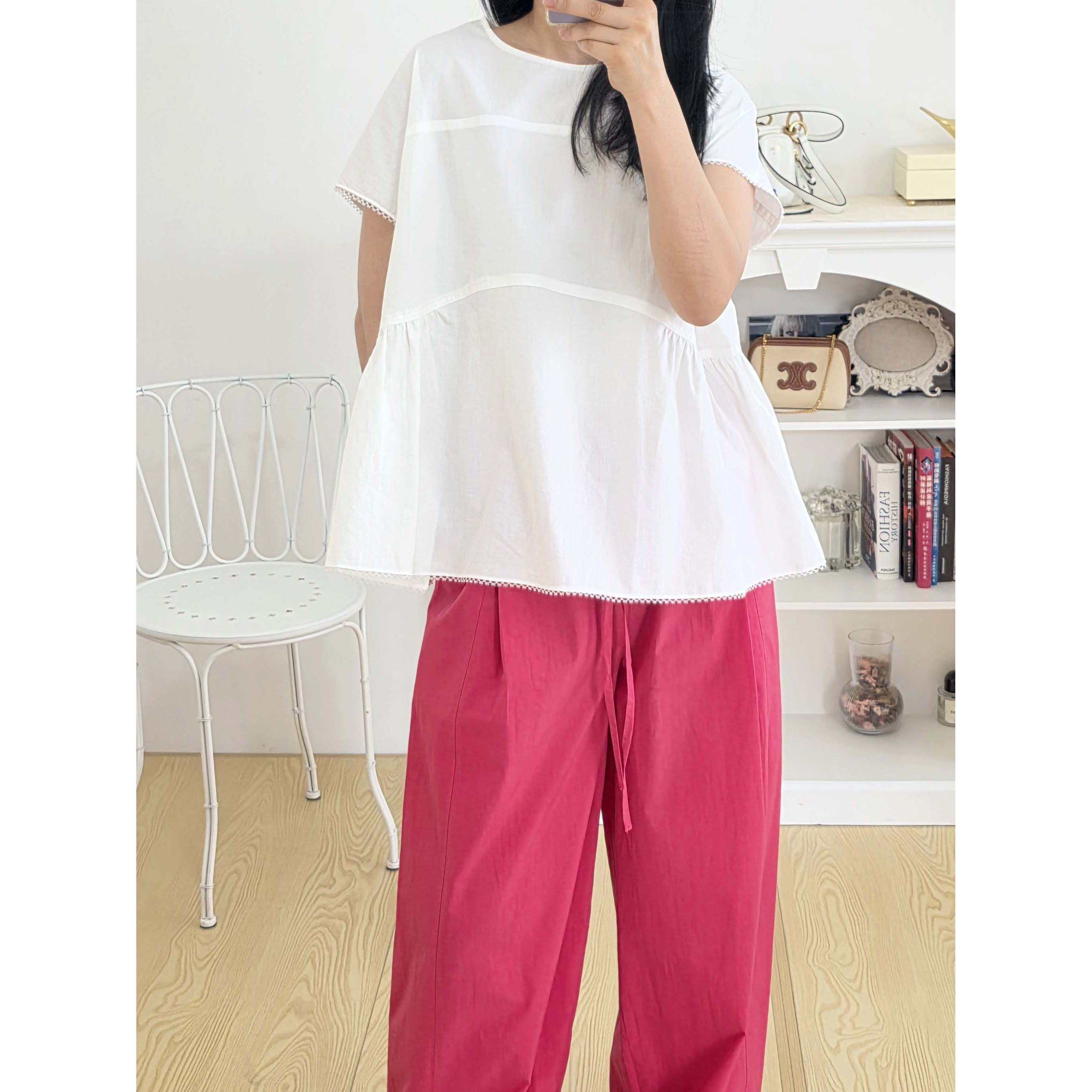 小众简约全棉蕾丝立体拼接上衣