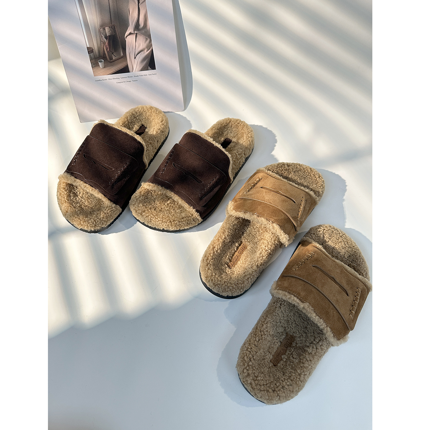 慵懒百搭牛反绒皮毛毛拖鞋一字拖