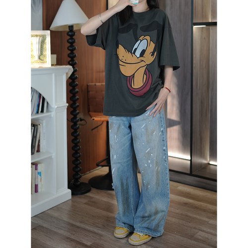 意大利粉标全棉泼墨宽松牛仔裤