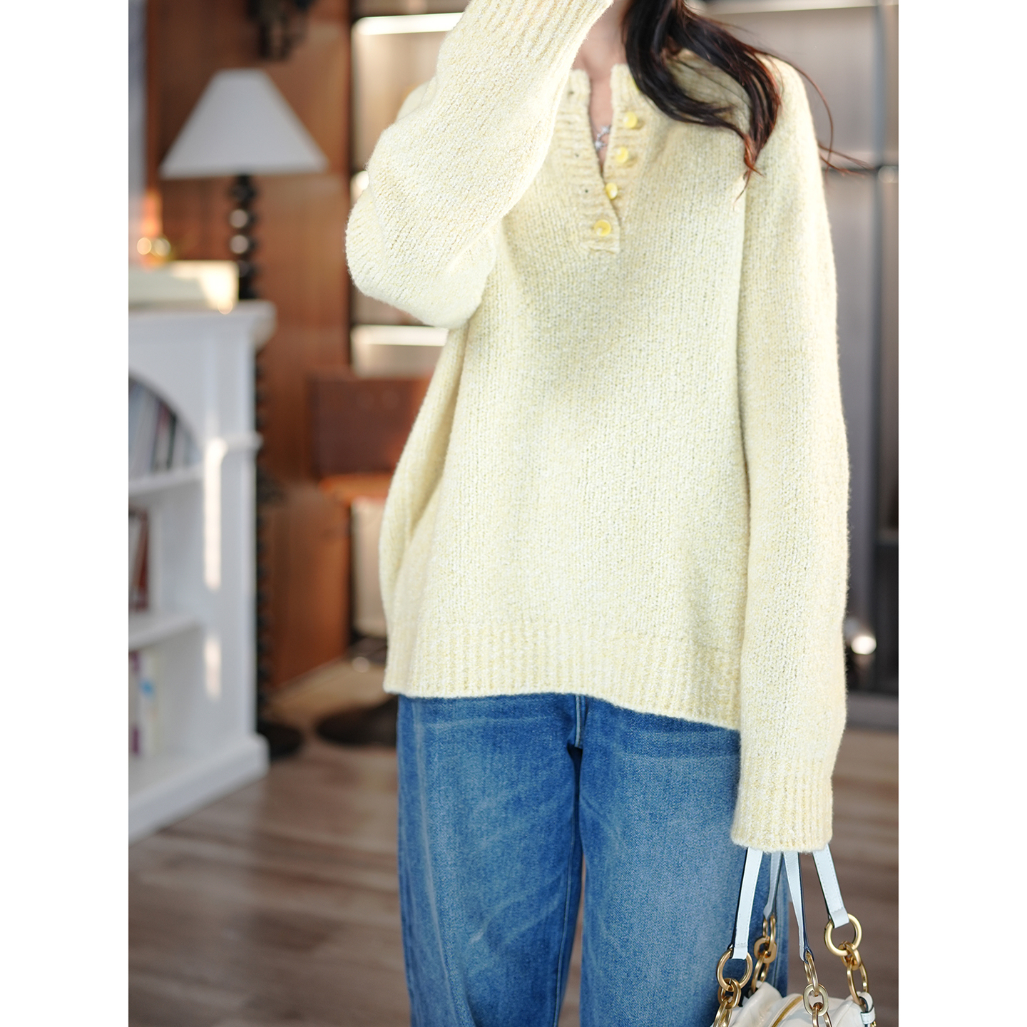 JCLP花纱山羊绒半开扣针织衫