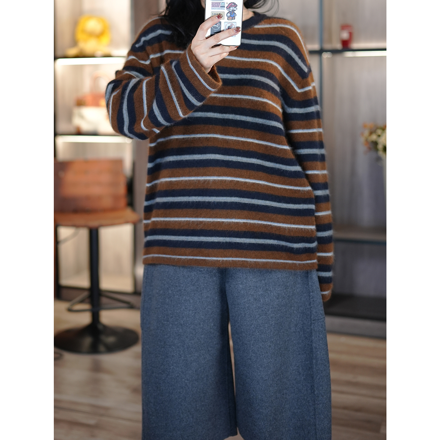 松驰慵懒拉绒羊毛条纹针织衫