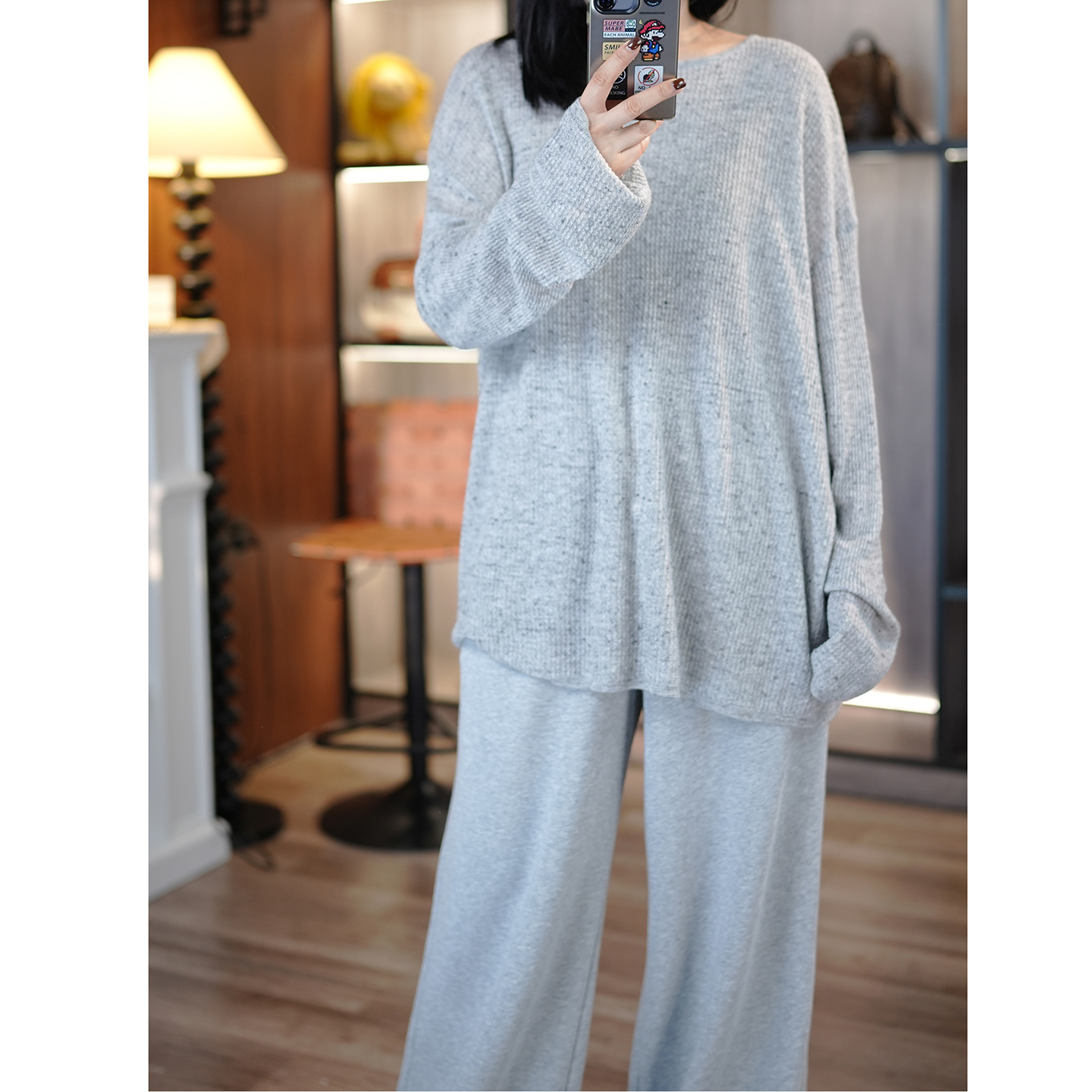 简约松驰羊毛亚麻宽松长袖针织衫