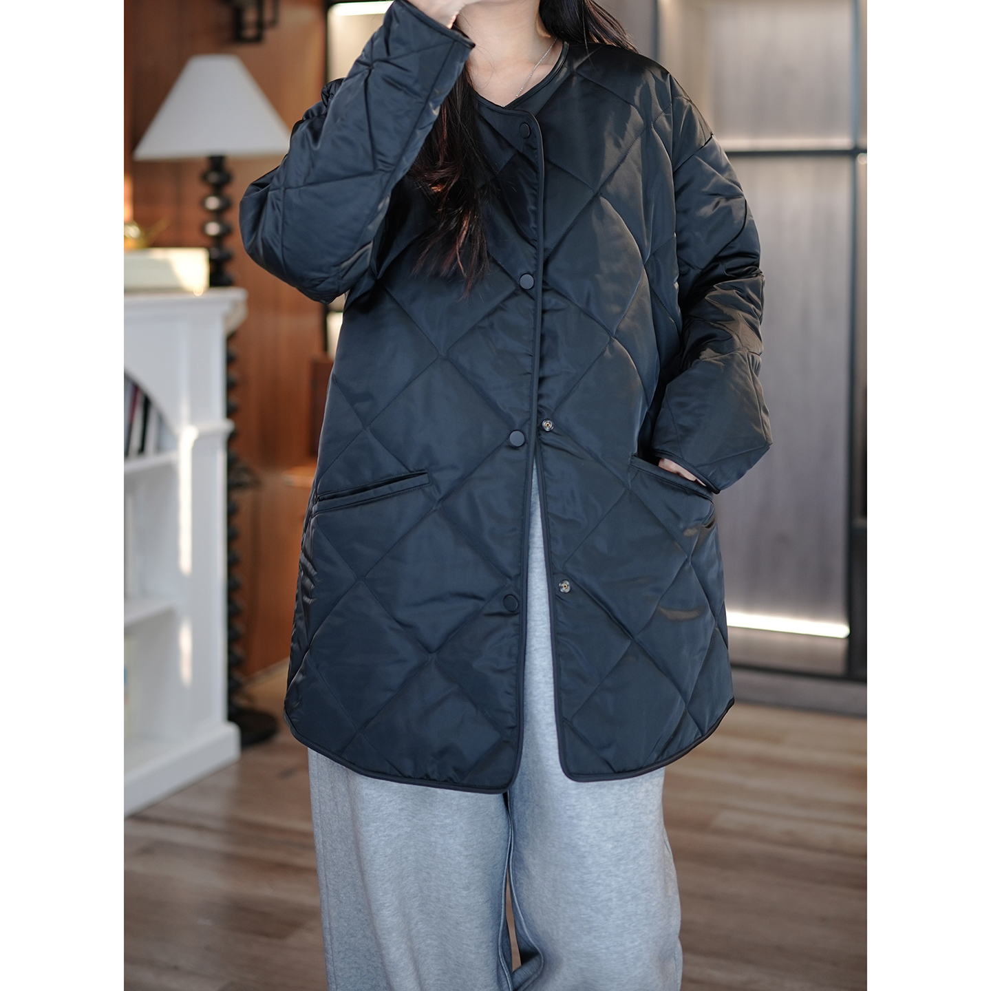 菱格绗缝夹棉宽松圆领长款棉衣