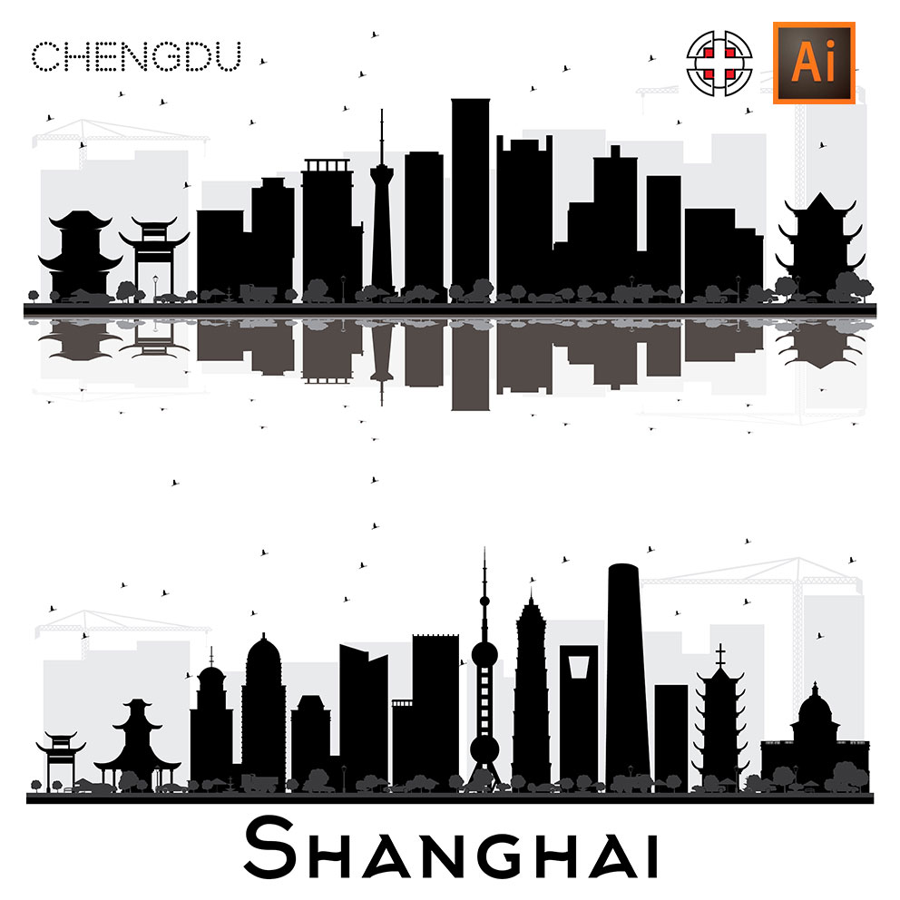 湖北宁波天津成都南京武汉深圳黑白剪影城市地标ai矢量设计素材