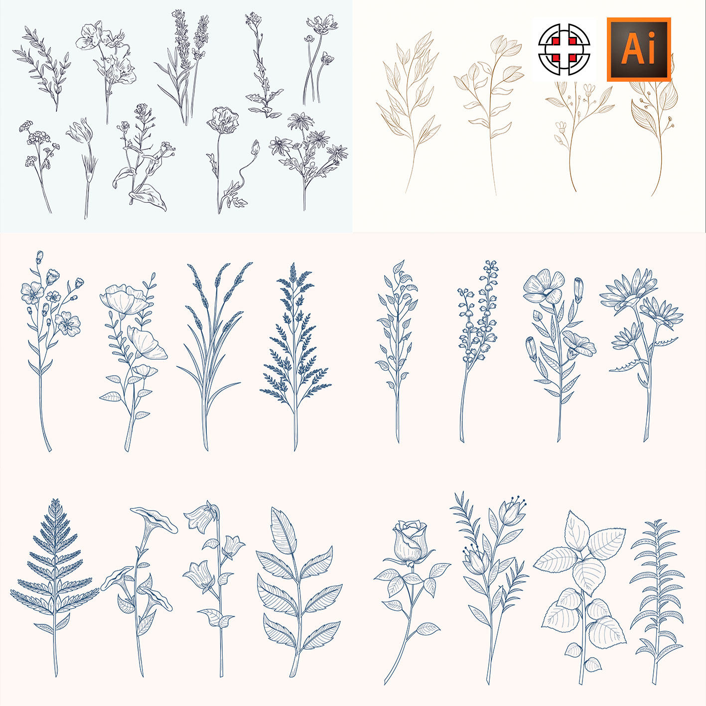 手绘复古黑白素描草图插画花枝花朵鲜花花卉等ai矢量设计素材