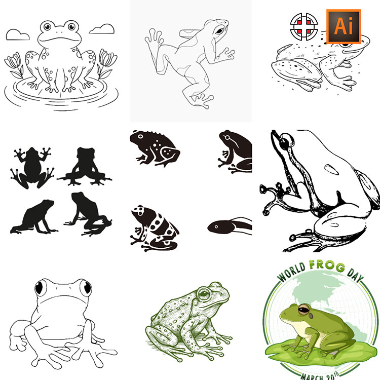 青蛙剪影线稿线条剪影插图雕刻图标AI矢量设计素材