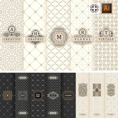 简约巴洛克欧式花纹底纹背景点线格子图案AI矢量设计素材