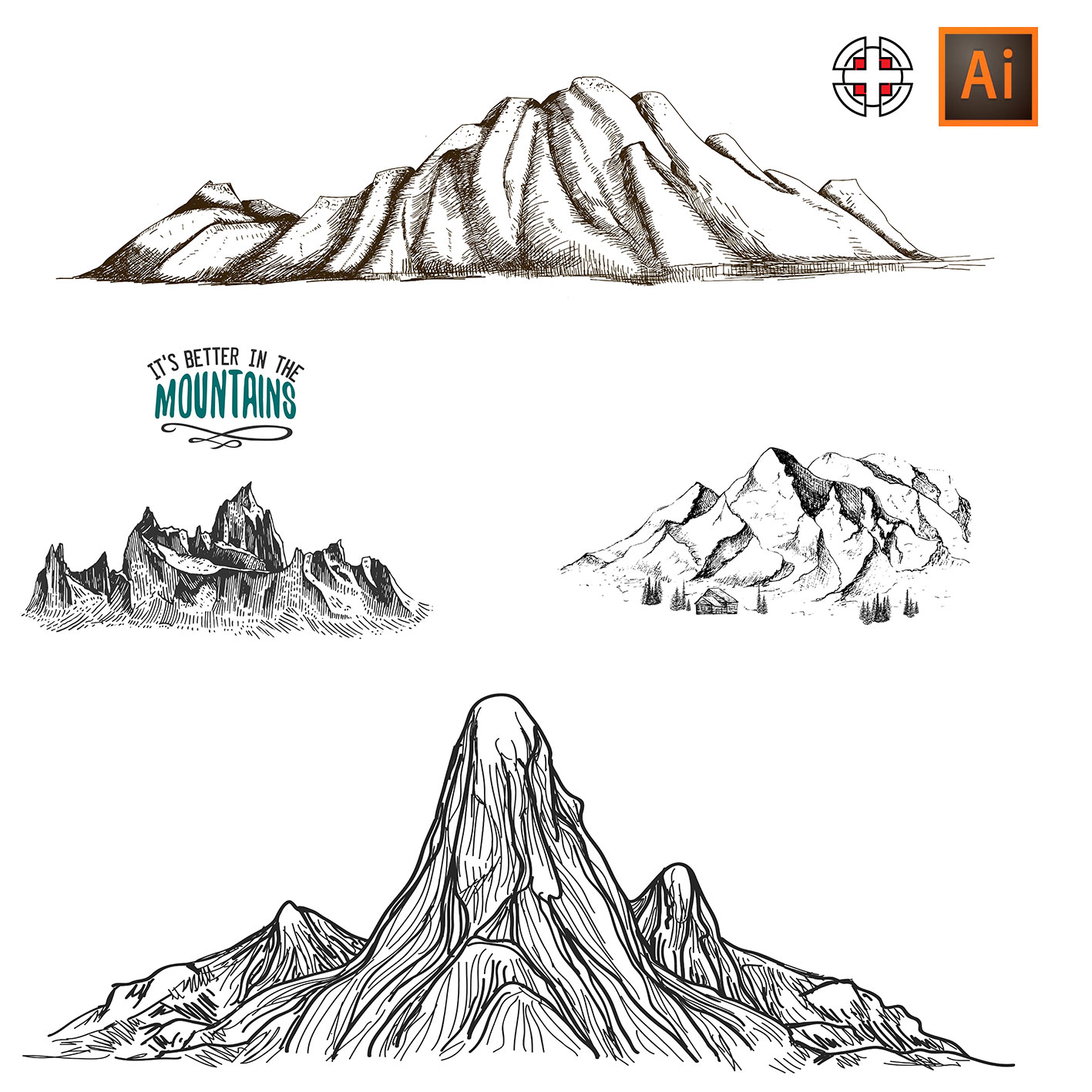 手绘黑白剪影素描草图插画山脉山峰AI矢量设计素材