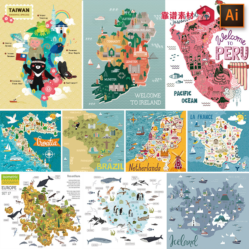 爱尔兰泰国澳大利亚日本英格兰法国动物分布卡通地图矢量设计素材