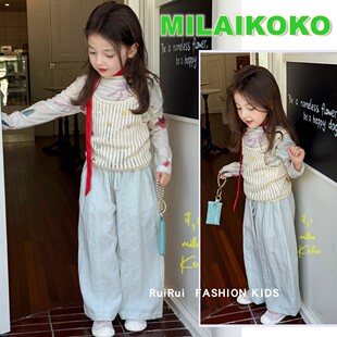 印花T恤直筒裤 2026春女童镂空毛衣吊带2606长袖 milaikoko米莱童装