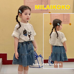milaikoko米莱童装2026夏女童冰激凌印花短袖T恤1226337牛仔半裙