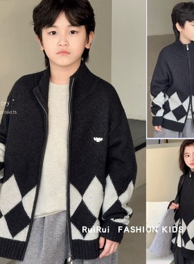 G+童装2025冬款男女童针织 开衫中大童菱格毛衣外套线衣52856
