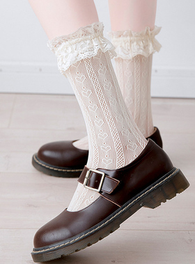日系lolita袜子女中筒堆堆袜春秋花边公主短袜洛丽塔黑白色蕾丝袜