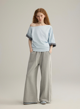 三十三【Indulge】格纹拼接斜肩半袖T恤女2025夏季设计感慵懒上衣