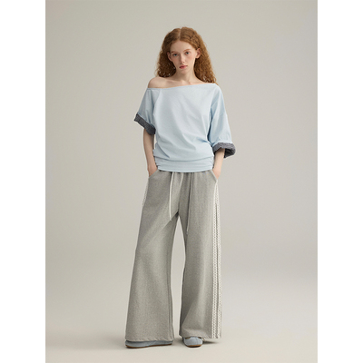 三十三【Indulge】格纹拼接斜肩半袖T恤女2025夏季设计感慵懒上衣