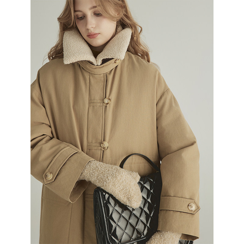 三十三【 北欧胶片】 毛领撞色拼接中长款羽绒服轻薄款翻领外套女