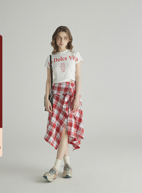 三十三 【Trait 通勤】字母短袖T恤女2024夏季不规则格子半裙套装