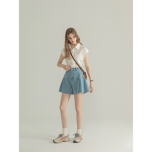 女收腰显瘦裤 三十三 浅蓝色a字高腰牛仔短裤 盛夏 子 Vivian