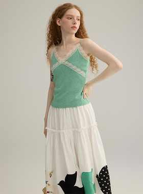 三十三 【薄荷茶纪】v领花边吊带背心女2025夏季新款打底小衫上衣