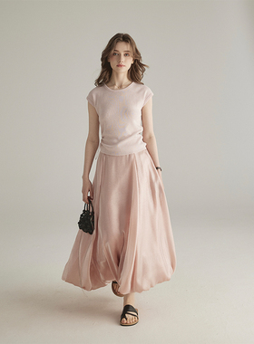 三十三【流光break】粉色a字半身裙女夏季新款小个子梨形花苞长裙