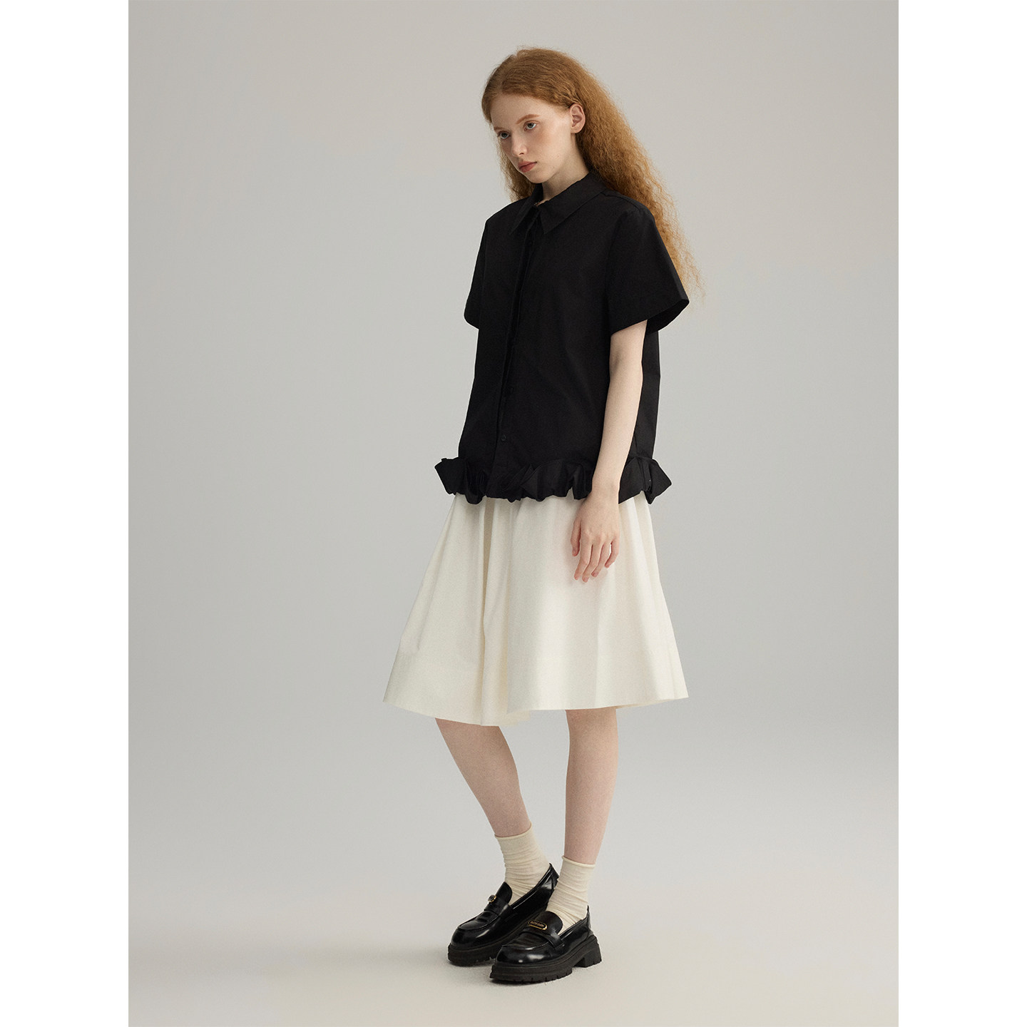 三十三【晴空日记】荷叶花边下摆短袖衬衫女2025夏季甜美减龄上衣