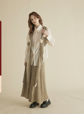 三十三【尤郎诗会】米白色衬衫设计感马甲上衣a字长款裙子三件套