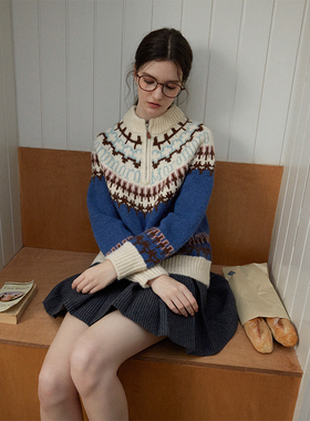 三十三 【Encounter】费尔岛提花毛衣女2024秋冬复古半拉链针织衫