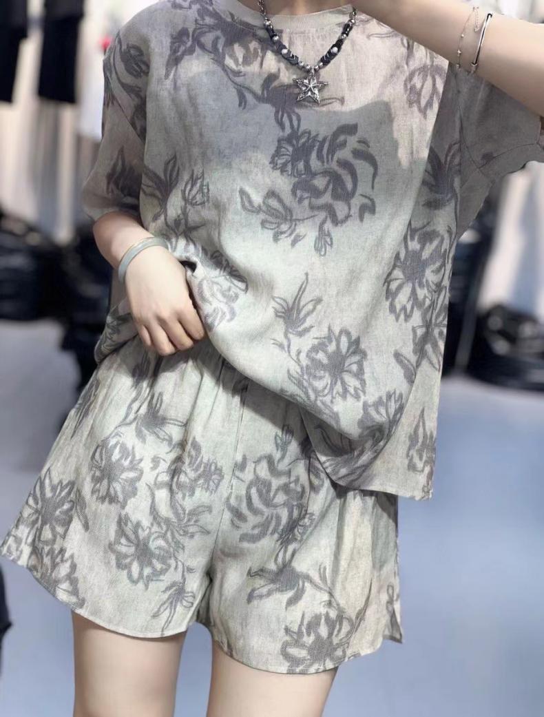 进口天丝亚麻春夏休闲减龄套装女印花短袖上衣+松紧腰阔腿裤短裤
