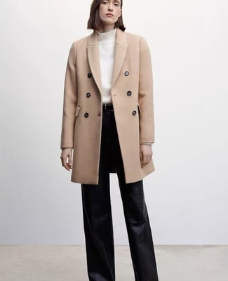 通勤大气欧美纯色中长款翻领羊毛混纺大衣女秋冬外套外贸