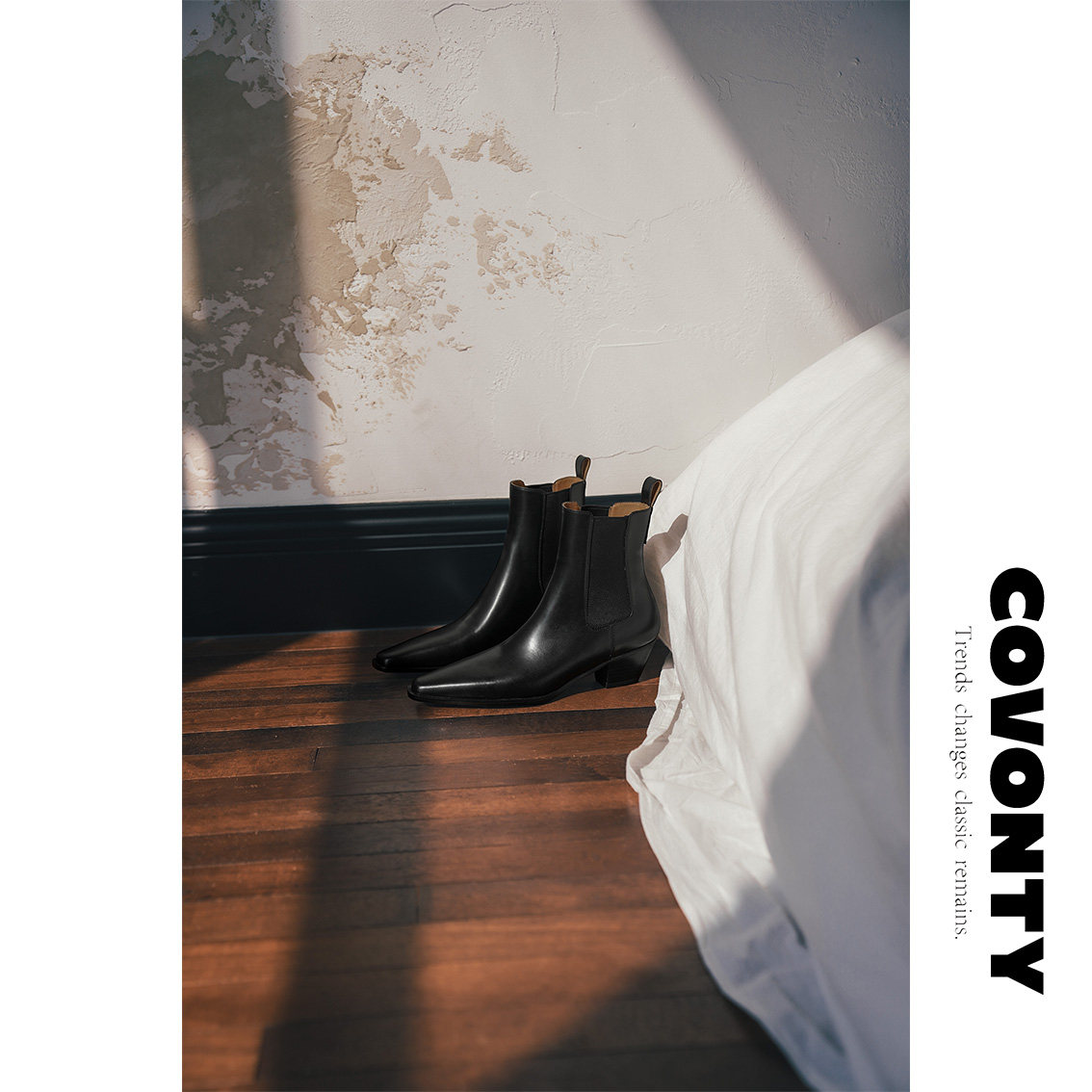 COVONTY「classics」历久弥新 尖方头切尔西靴女粗跟小短靴瘦瘦靴,女鞋,切尔西靴,淘宝优惠券,粉丝福利购,淘宝优惠卷