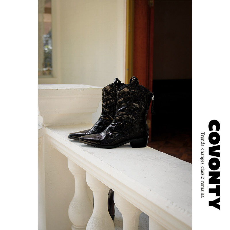 COVONTY「classics」电影感 老钱风复古尖头西部靴女粗跟短筒短靴,女鞋,西部靴,淘宝优惠券,粉丝福利购,淘宝优惠卷