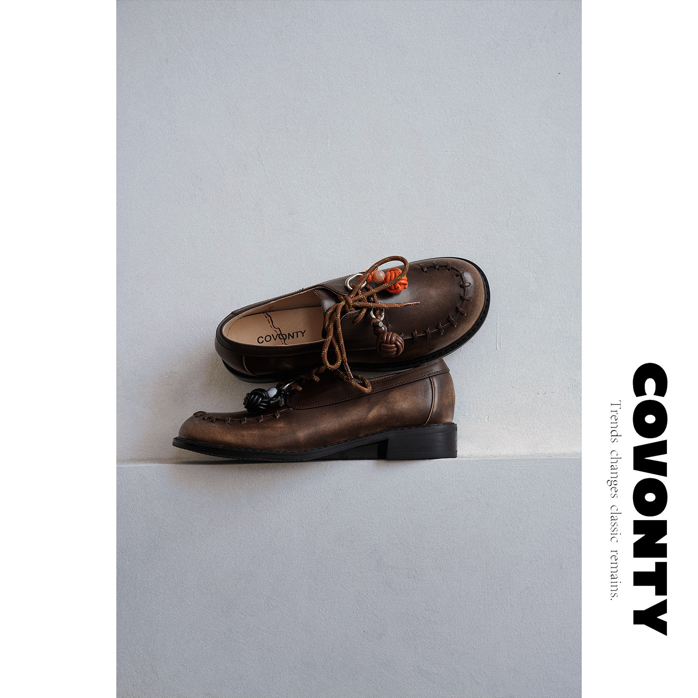 COVONTY「imagine」电影感 英伦风擦色编织单鞋女粗跟系带小皮鞋,女鞋,深口单鞋,淘宝优惠券,粉丝福利购,淘宝优惠卷