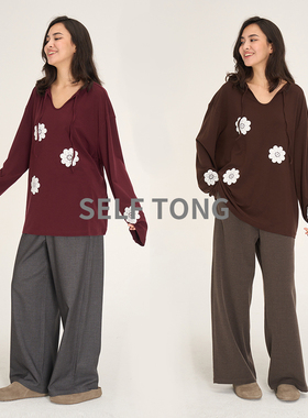 冬季新品加厚羊毛进口兰精天丝立体花朵慵懒上衣长袖t恤针织衫