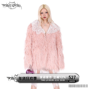 PINKSPINK原创蕾丝可拆分翻领粉蓝羊滩毛皮草保暖宽松外套