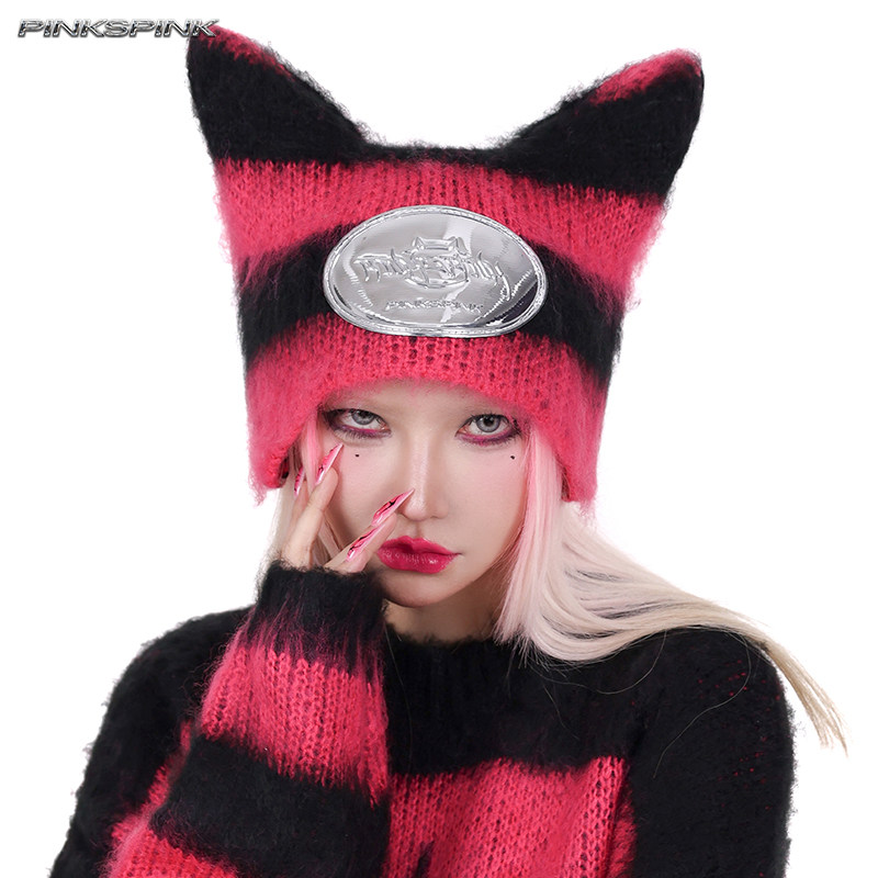 PINKSPINK原创猫耳小恶魔黑粉条纹撞色猫星人朋克针织毛线帽