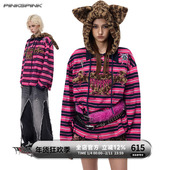 PINKSPINK AW原创猫星人Blackmetal粉条纹豹纹猫耳连帽Y2K卫衣