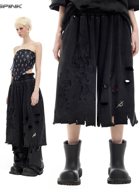 PINKSPINK 25SS|原创Remake电月绣花不规则破洞无性别叠穿7分短裤