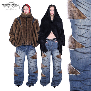 PINKSPINK原创抓破概念豹纹皮草层次宽松低腰街头无性别牛仔长裤