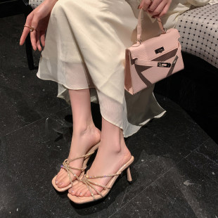 拖鞋 露趾方头多条水钻细跟女高跟凉鞋 一字拖 新款 2种高度2026夏季