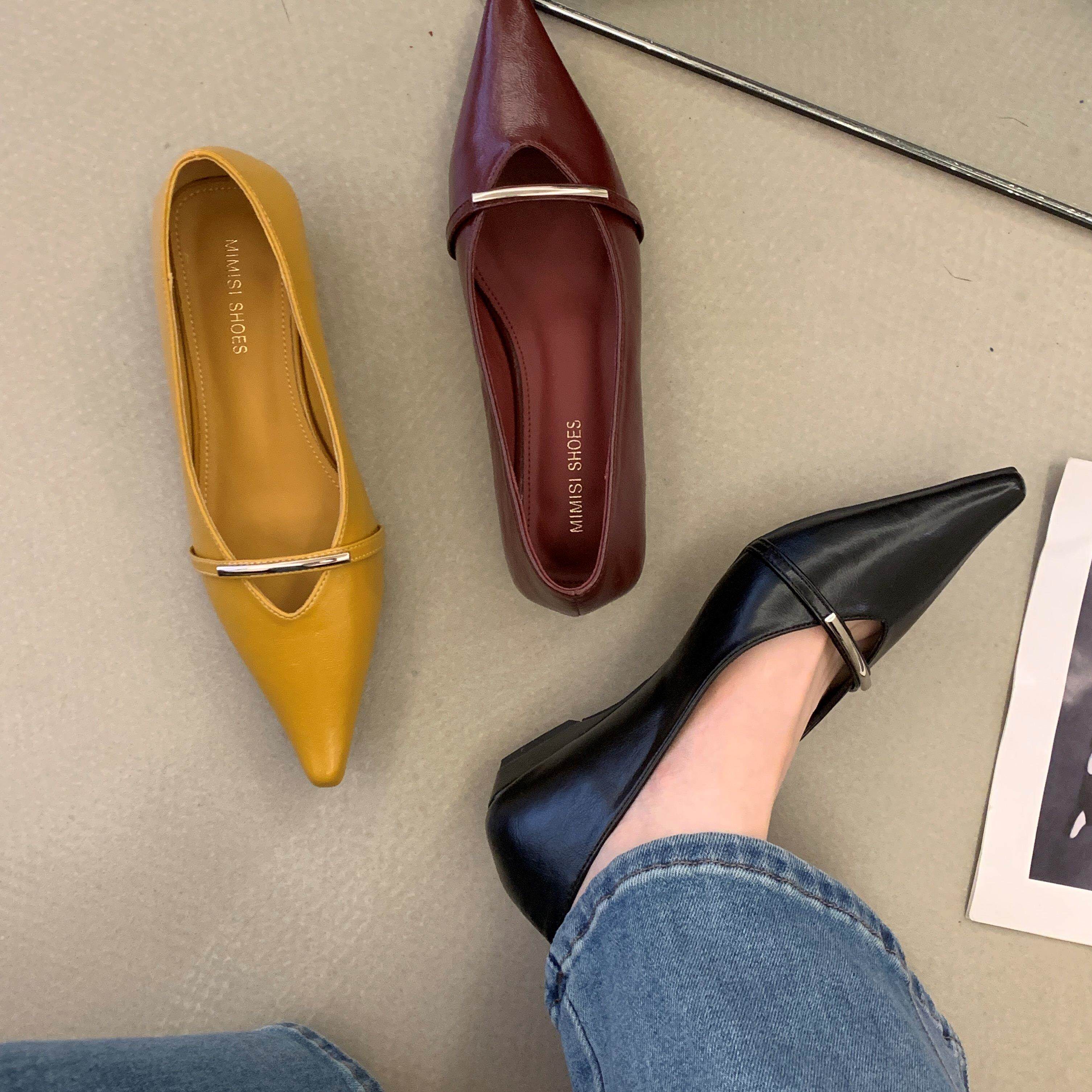 2026春季新款金属扣尖头显瘦内增高平底单鞋中低跟浅口女鞋子